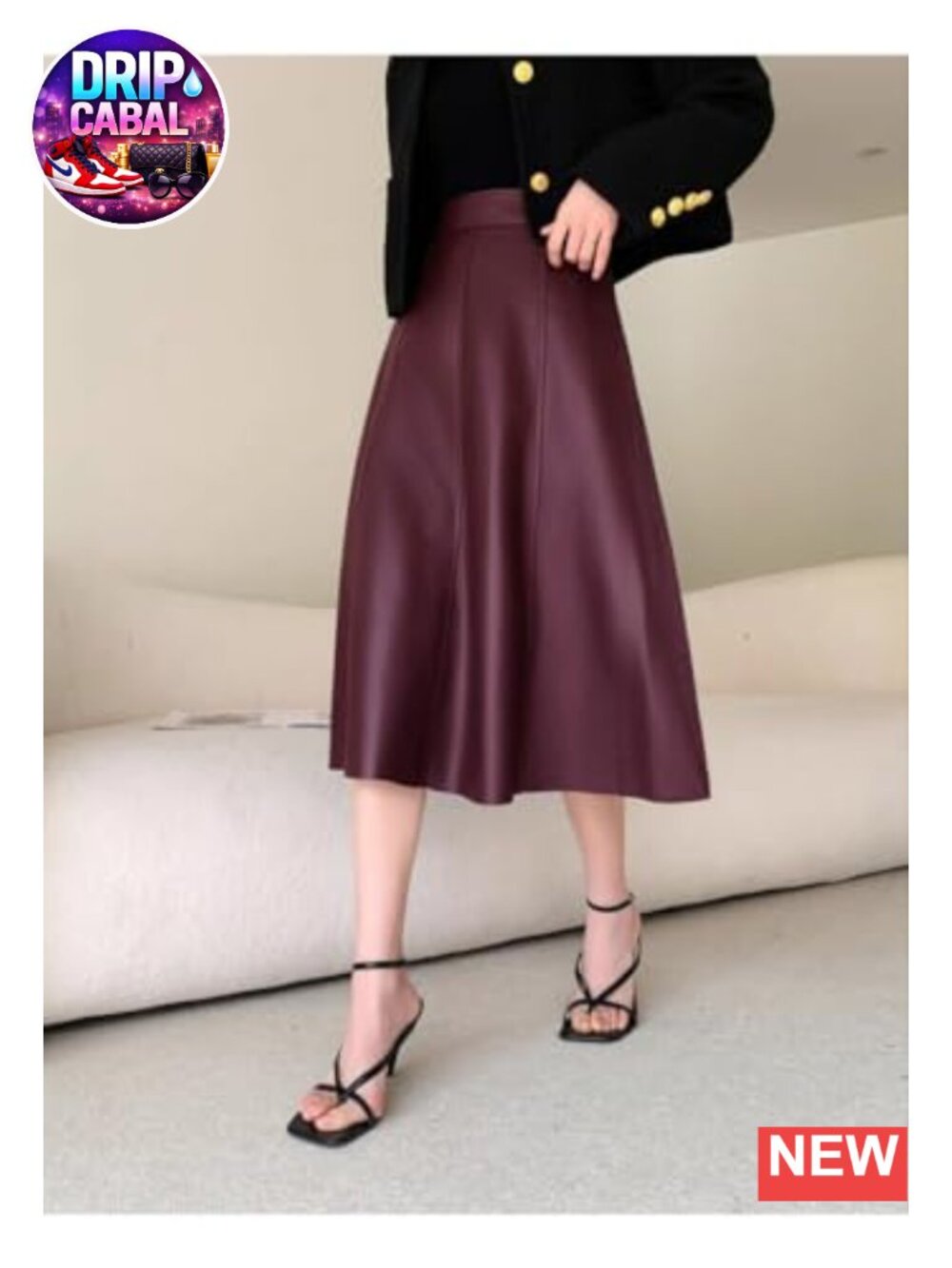 Women's High Waisted A-Line Midi Faux Leather Skirt with Ruffled Hem - Picture 3 of 6
